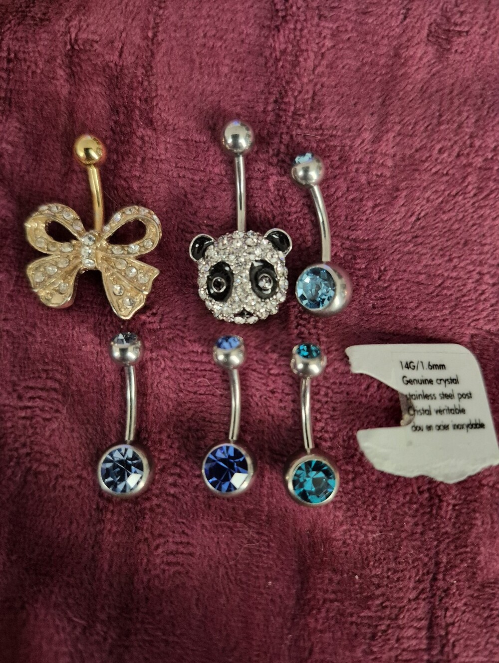 Crystal Panda & Bow Belly Ring Set - Blue & Gold